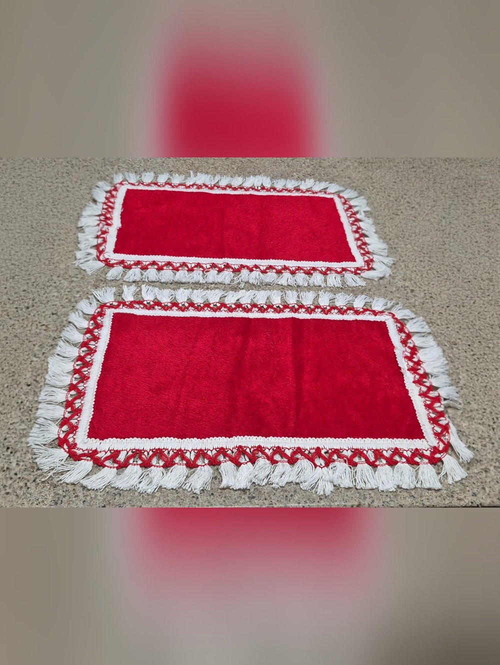 Vtg Red Velvet Table Linens Set Placemats Round Centerpiece Fringe Trim RN47786